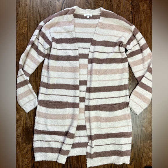 Amarhyllis Beige Brown Stripe Plush Cardigan Sweater Size XS S LIKE NEW - Picture 1 of 4